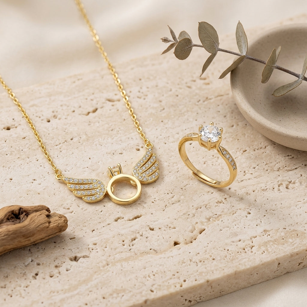 Gold Angel Wings Necklace and  Gold Tone Ring set For Mother