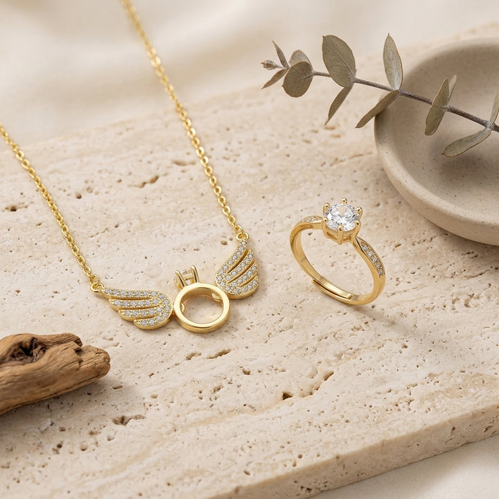 Gold Angel Wings Necklace and  Gold Tone Ring set For Mother
