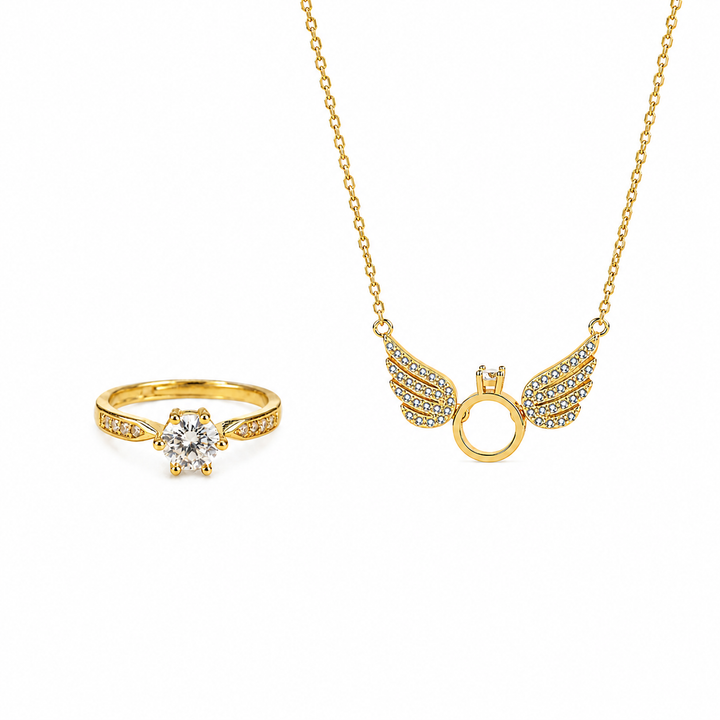 Gold Angel Wings Necklace and  Gold Tone Ring set For Mother