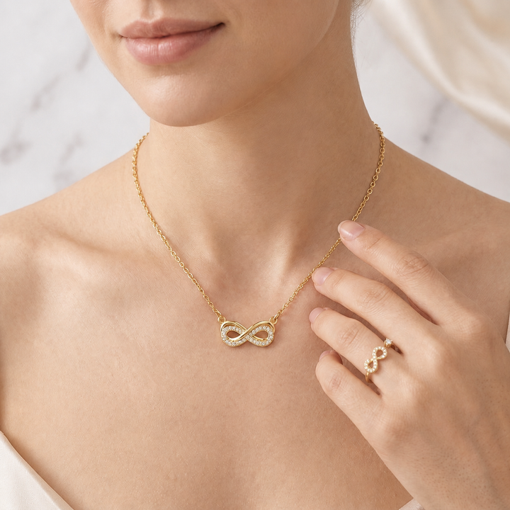 Infinity Mother's Love Golden Crystal Necklace and Ring set for Mother.