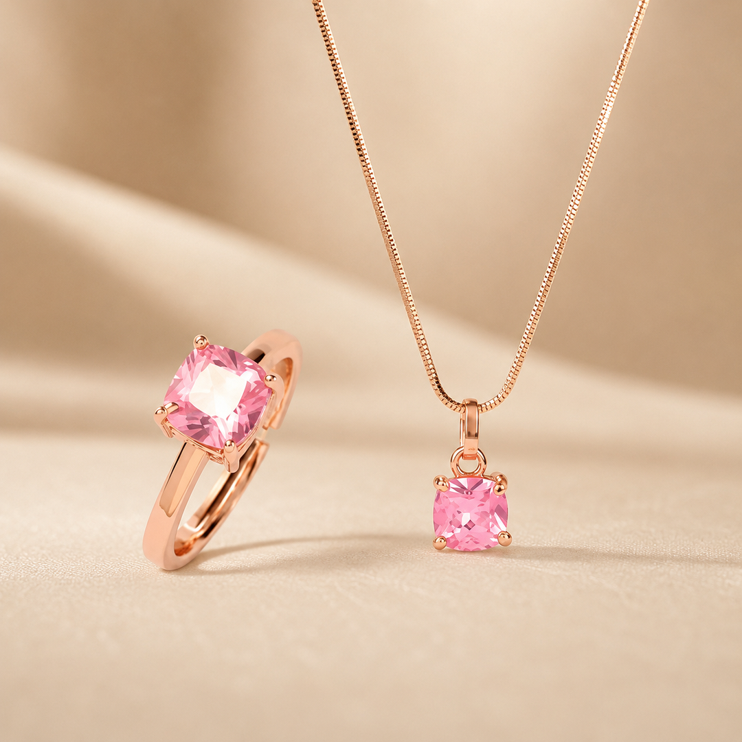 Pink Teardrop Necklace &amp; Heart Ring Set
