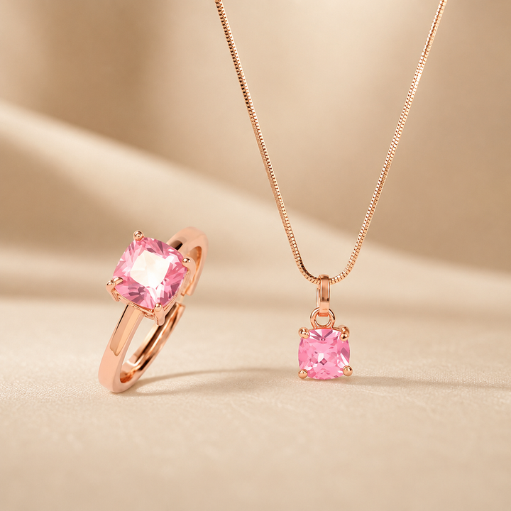 Pink Teardrop Necklace &amp; Heart Ring Set