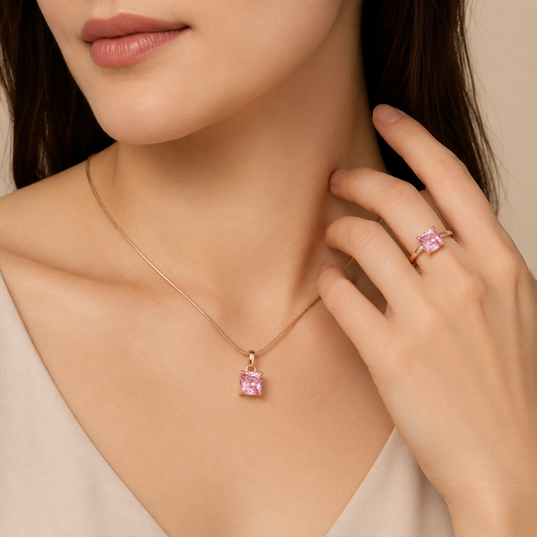 Pink Teardrop Necklace & Heart Ring Set
