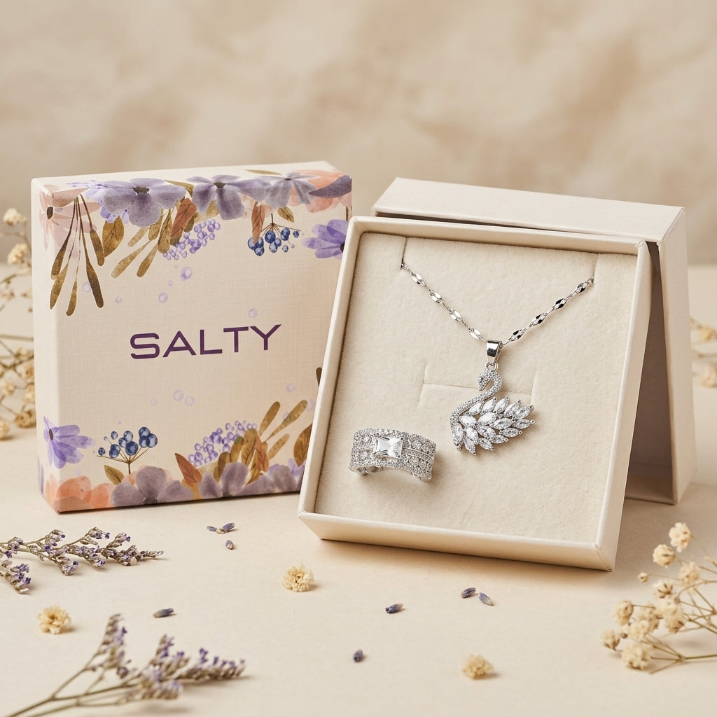 Leaf Pendant Necklace &amp; Cluster Ring Set