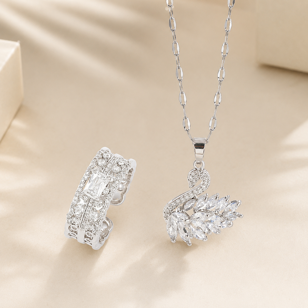 Leaf Pendant Necklace &amp; Cluster Ring Set