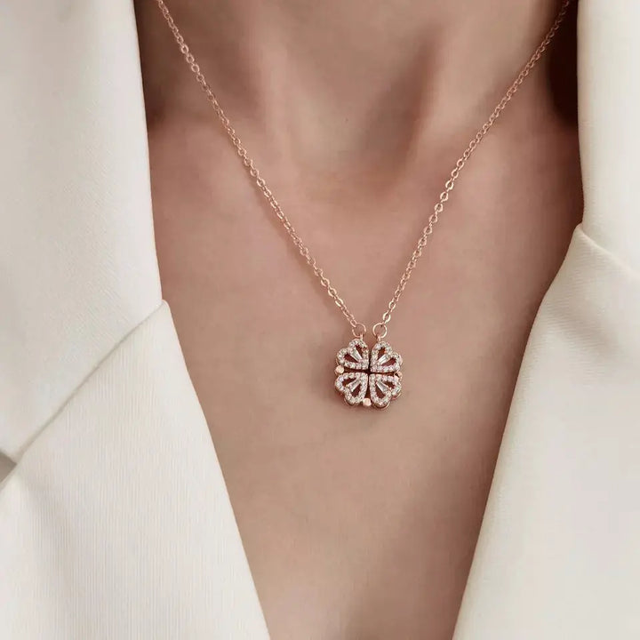 Hyacinth 4-pcs Zircon Heart Magnetic Clover Necklace - Rose Gold