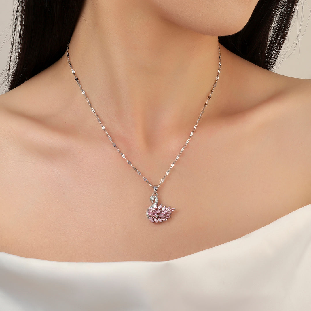 Pink Crystal Swan Silver Pendant - Salty Accessories