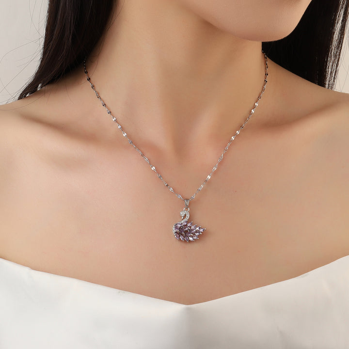 Purple Crystal Swan Silver Pendant