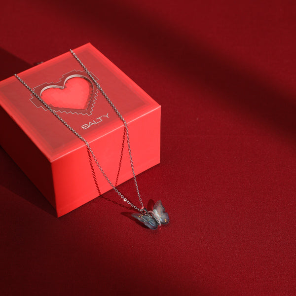 Vibrant Blue Silver Winged Beauty Necklace With Valentine Box