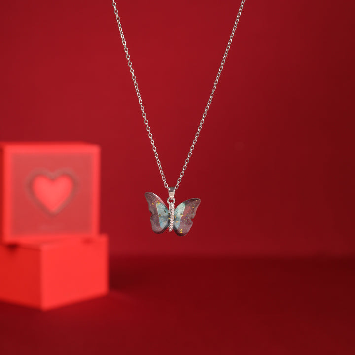 Vibrant Blue Silver Winged Beauty Necklace With Valentine Box - Salty Accessories