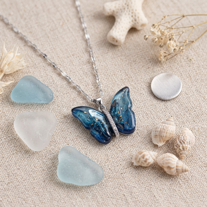 Vibrant Blue Silver Winged Beauty Necklace