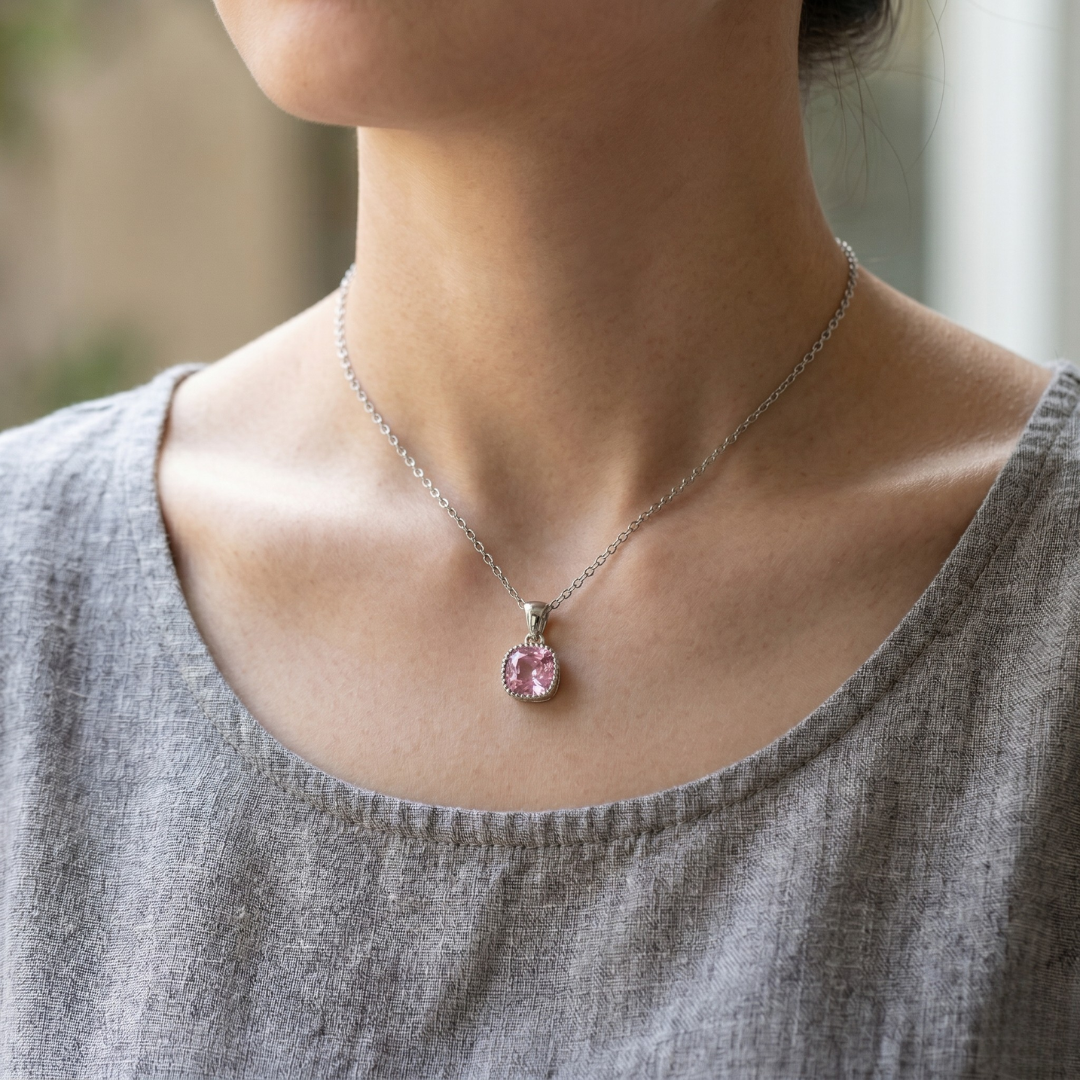 Dainty Silver Pink Diamond Elegance Pendant