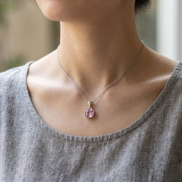 Dainty Silver Pink Diamond Elegance Pendant