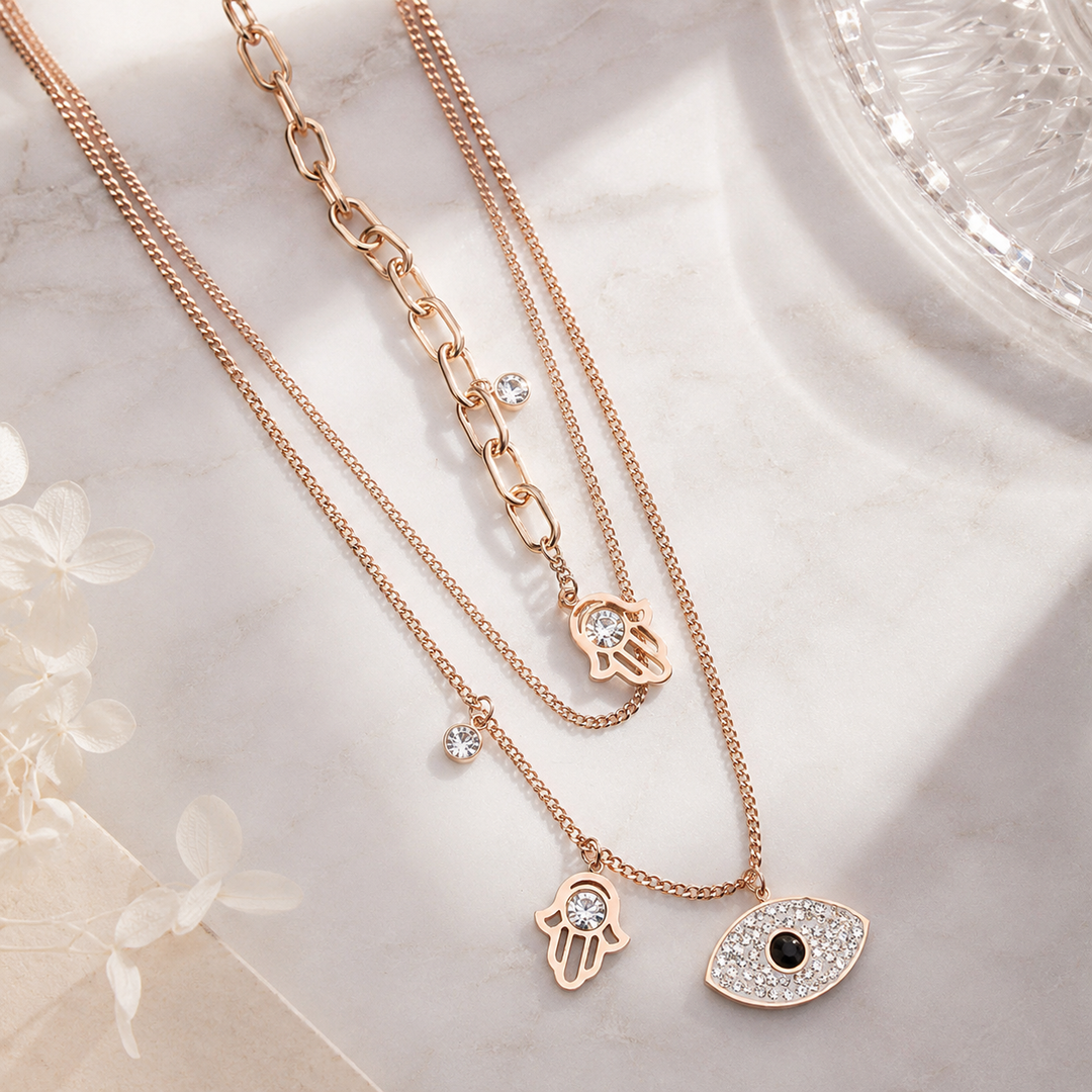 Gold Evil Eye Hamsa Layered Necklace