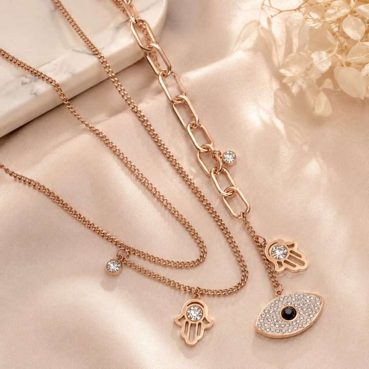Gold Evil Eye Hamsa Layered Necklace
