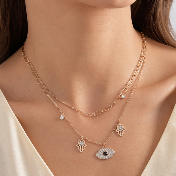 Gold Evil Eye Hamsa Layered Necklace