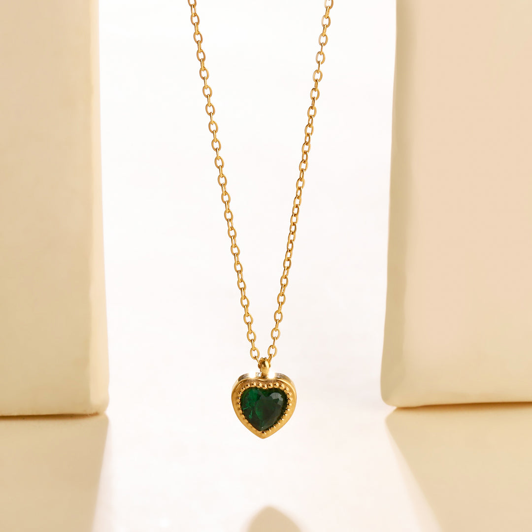 Green Studded Heart Gold Necklace - Salty Accessories