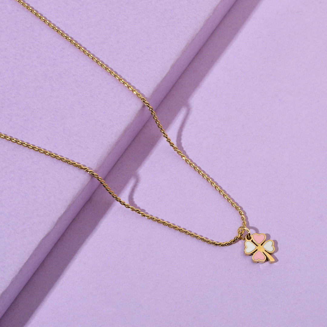 Pink & White Clover Gold Necklace - Salty Accessories