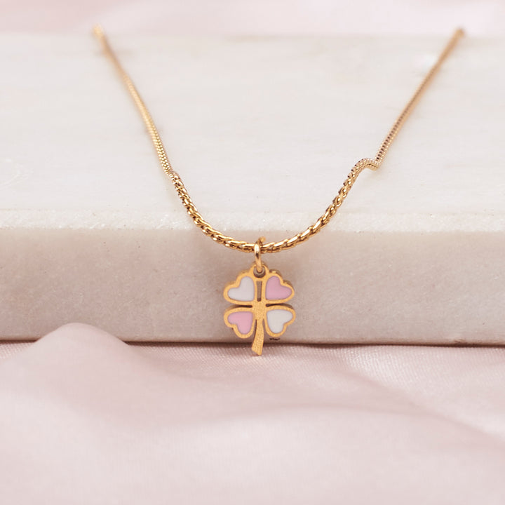 Pink & White Clover Gold Necklace - Salty Accessories