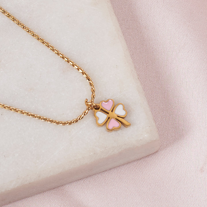Pink & White Clover Gold Necklace - Salty Accessories