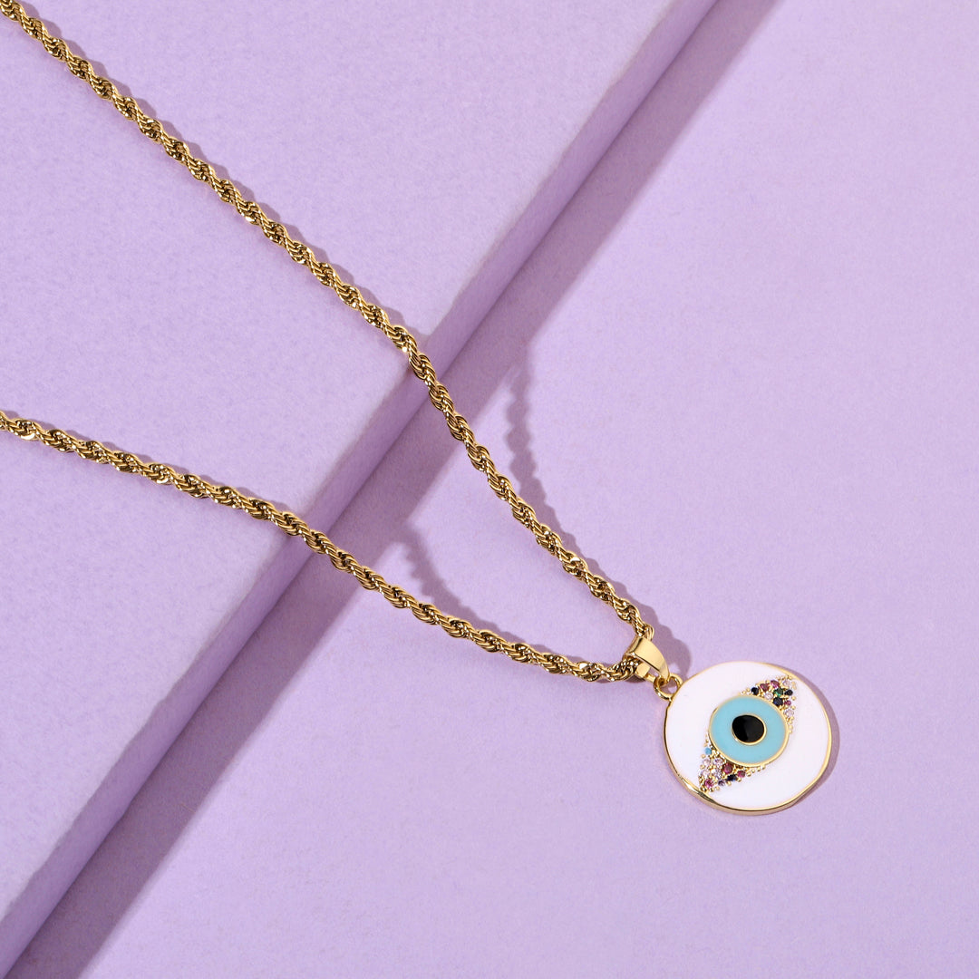 White & Blue Evil Eye Gold Necklace - Salty Accessories