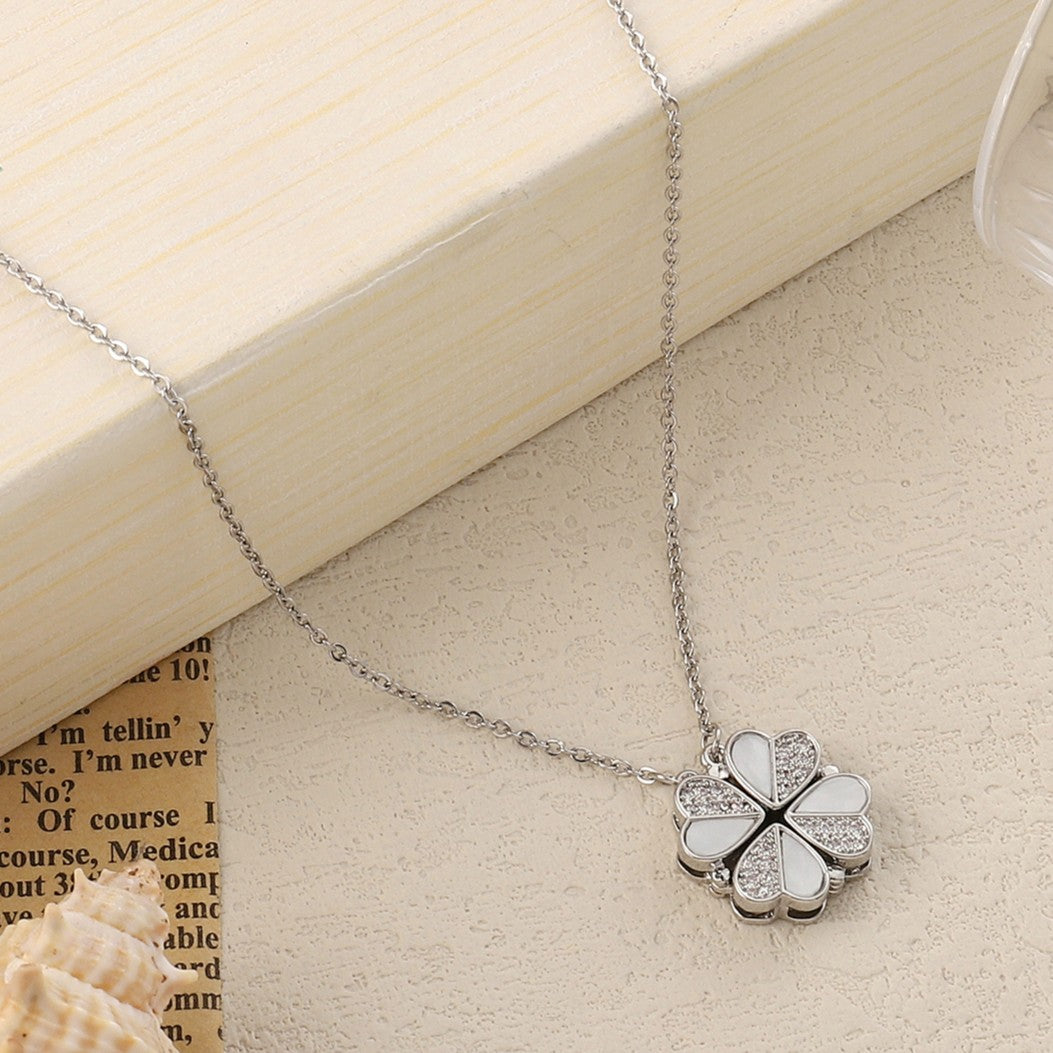 Clover Half n Half Studded Silver Necklace