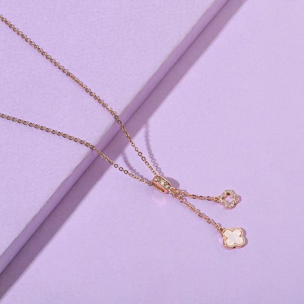 Evergreen Clover Hanging RoseGold & White Necklace