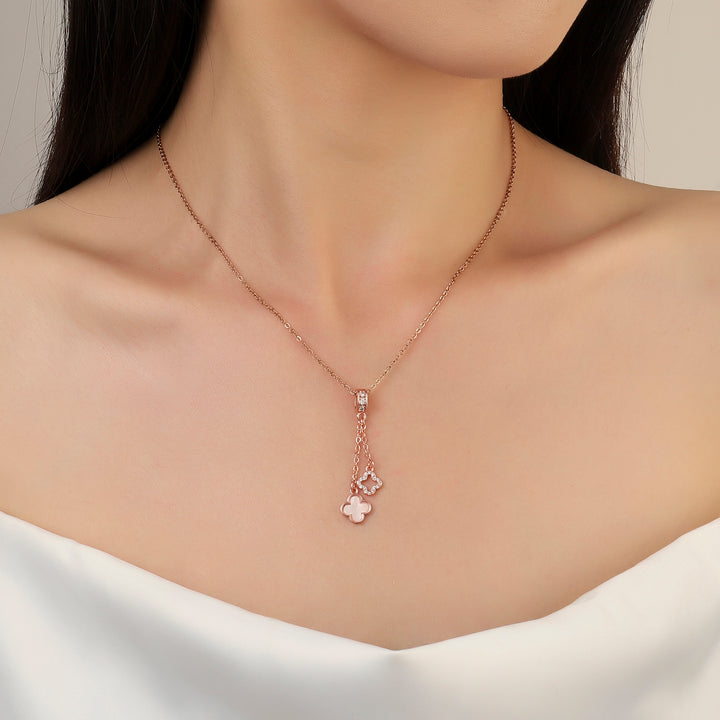 Evergreen Clover Hanging RoseGold & White Necklace