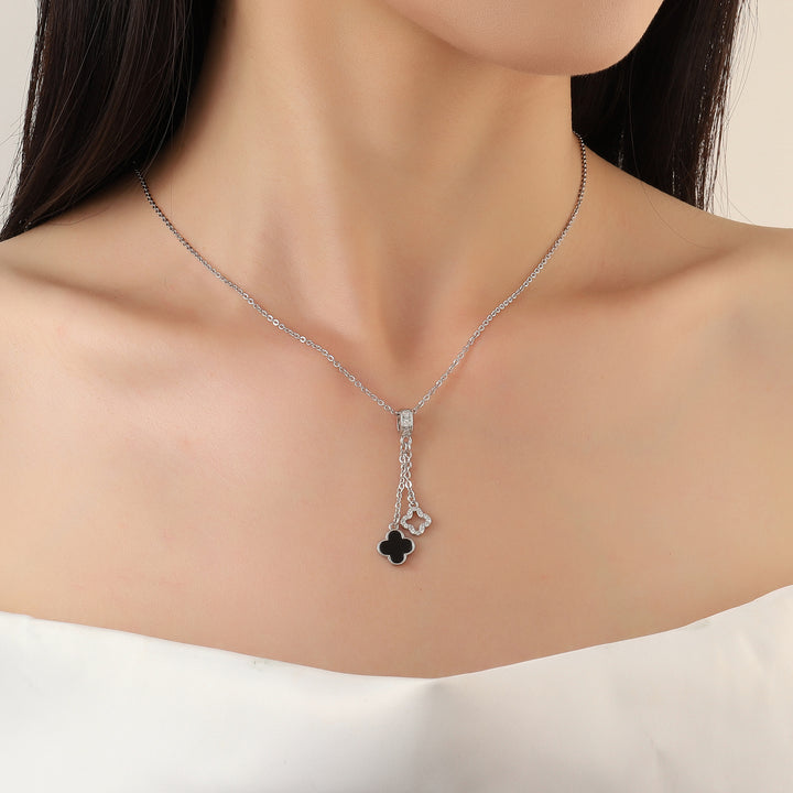 Evergreen Clover Hanging Silver & Black Necklace