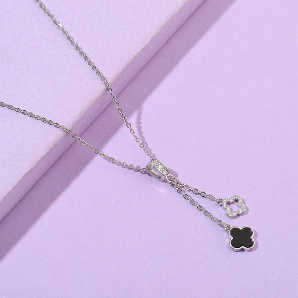 Evergreen Clover Hanging Silver & Black Necklace