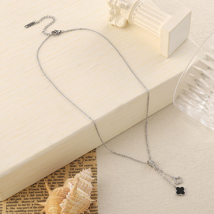 Evergreen Clover Hanging Silver & Black Necklace