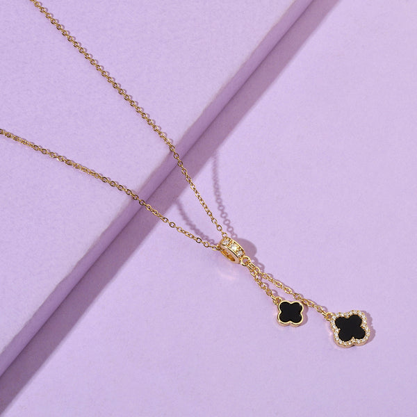 Studded Clover Hanging Gold & Black Necklace