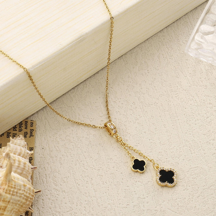 Studded Clover Hanging Gold & Black Necklace - Salty Accessories