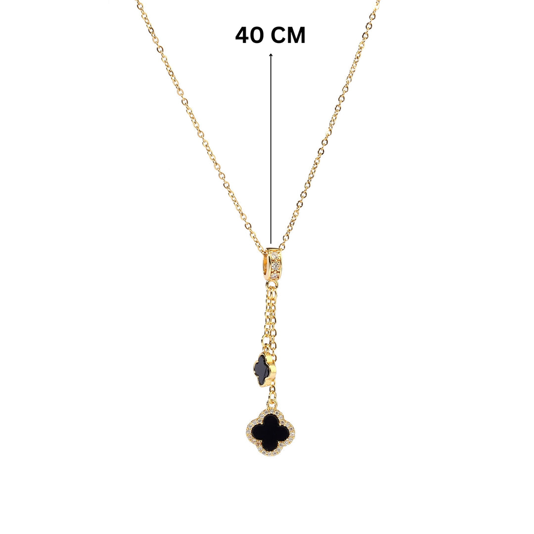 Studded Clover Hanging Silver & Black Necklace