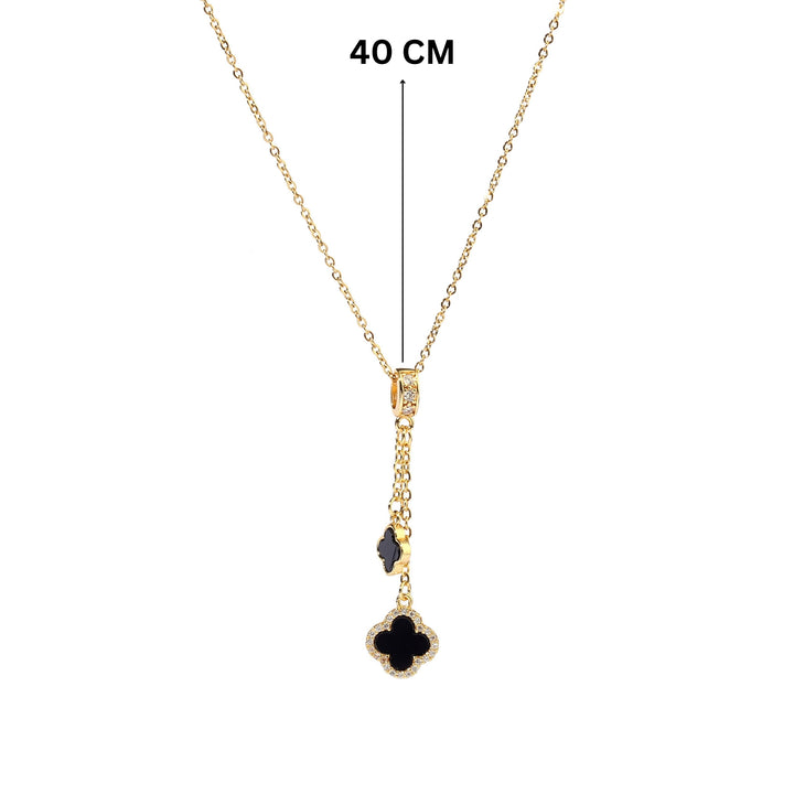 Studded Clover Hanging Silver & Black Necklace