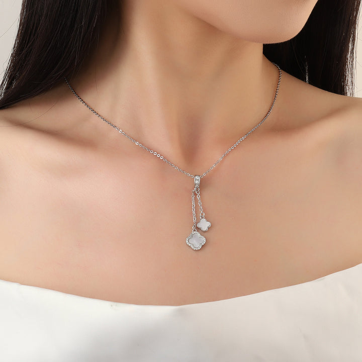 Studded Clover Hanging Silver & White Necklace - Salty Accessories