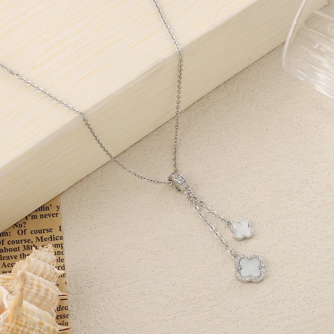 Studded Clover Hanging Silver & White Necklace - Salty Accessories