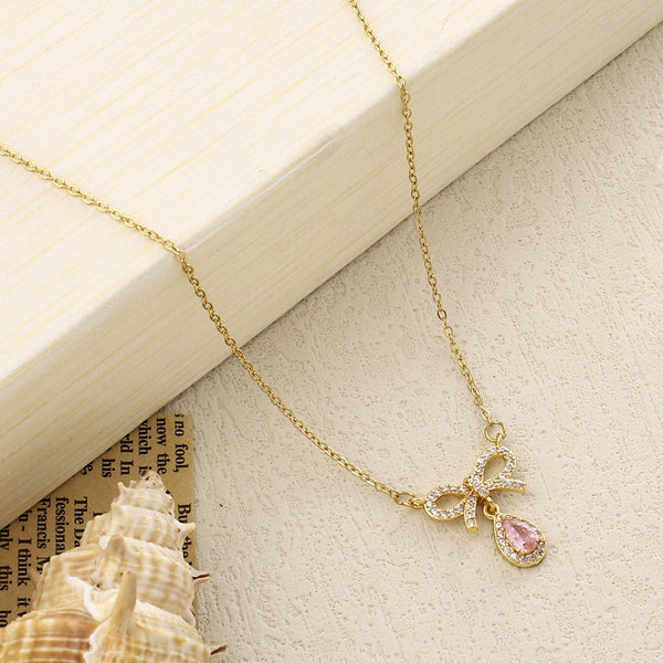 Amersa Pink Bow Drop Necklace