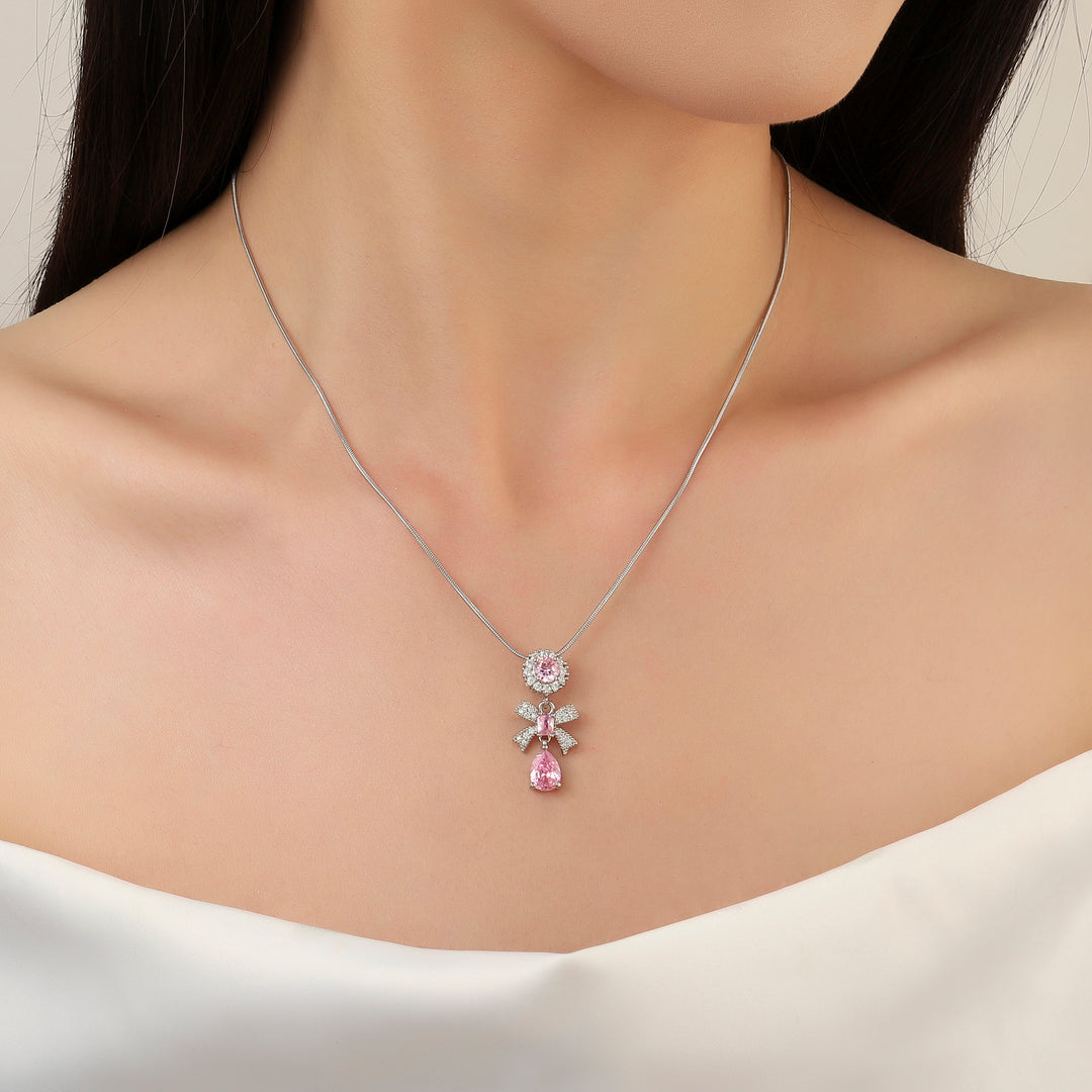 Anemone Pink Crystal Bow Necklace - Salty Accessories