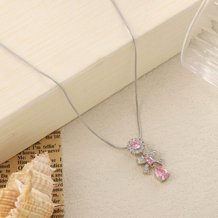 Anemone Pink Crystal Bow Necklace - Salty Accessories