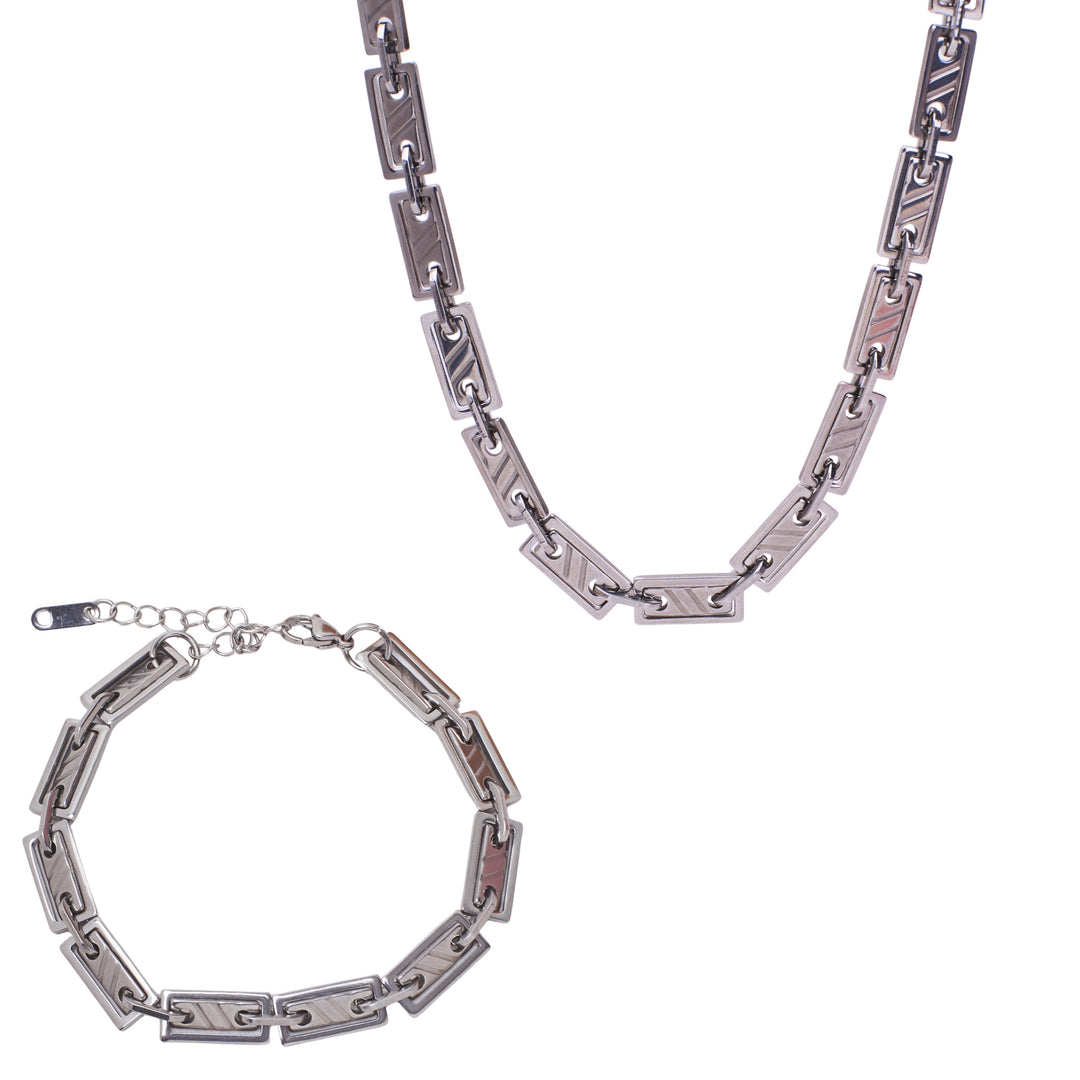 Edgy Elegance Silver Modern Necklace & Bracelet Set