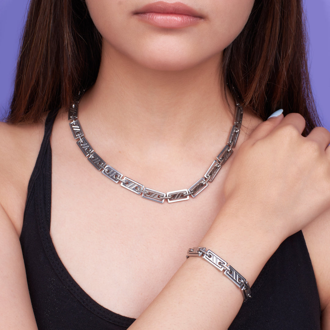 Edgy Elegance Silver Modern Necklace & Bracelet Set