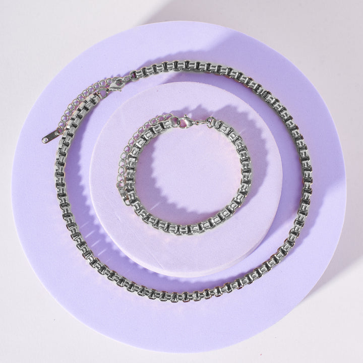 Bold Link Silver Necklace & Bracelet Set