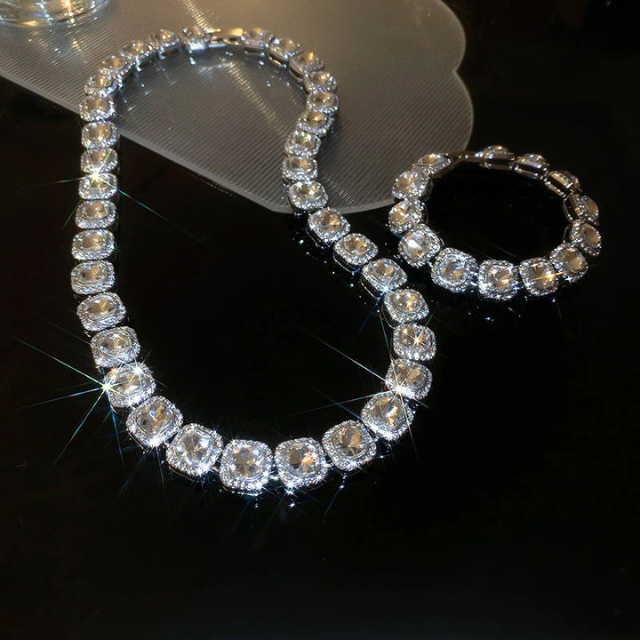 Clavicle Diamond Necklace and Bracelet Set - Silver - Salty Accessories