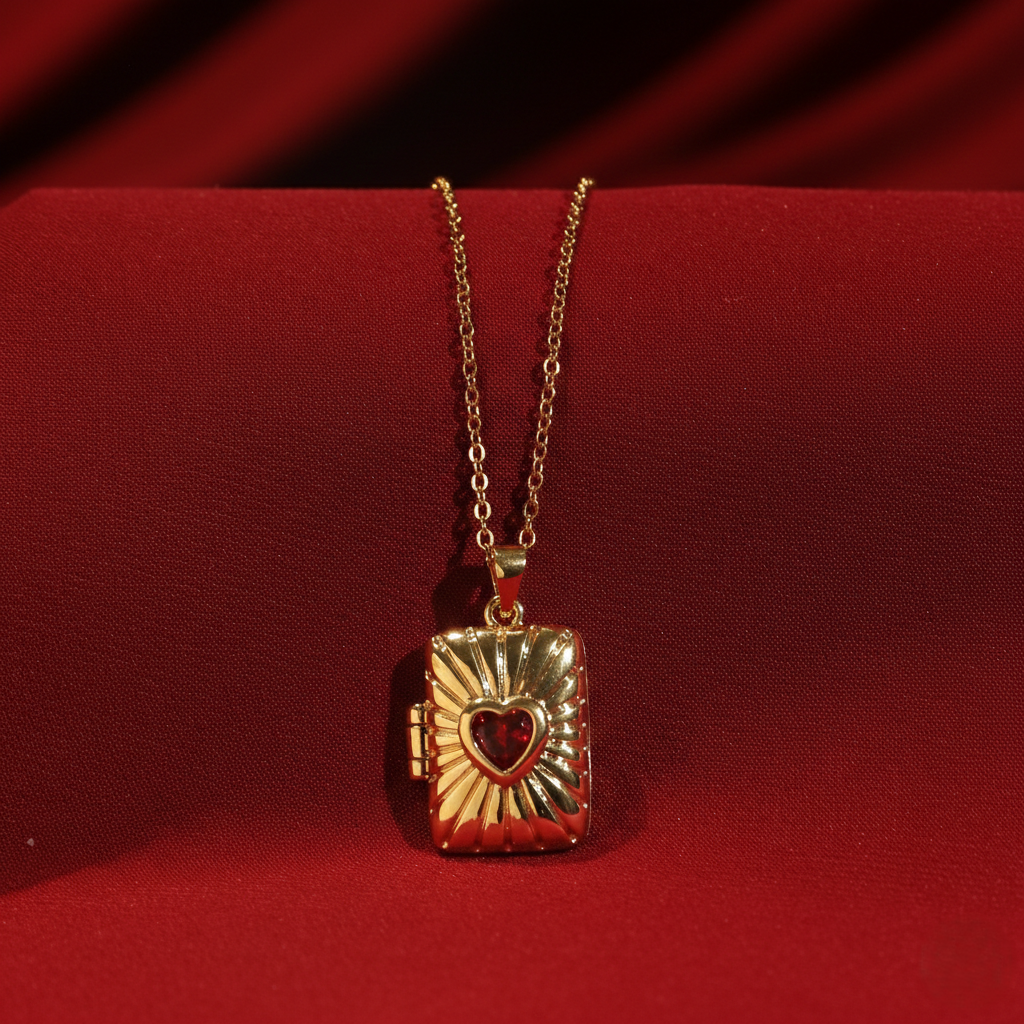 Sunburst Red Heart Locket Necklace
