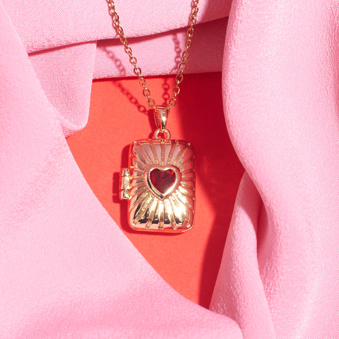 Sunburst Red Heart Locket Necklace