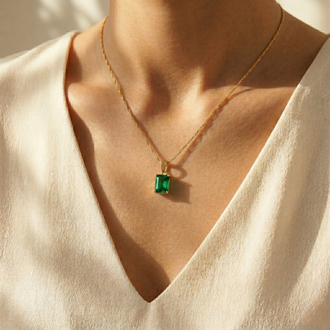 Emerald Square locket With Golden Chain Necklace