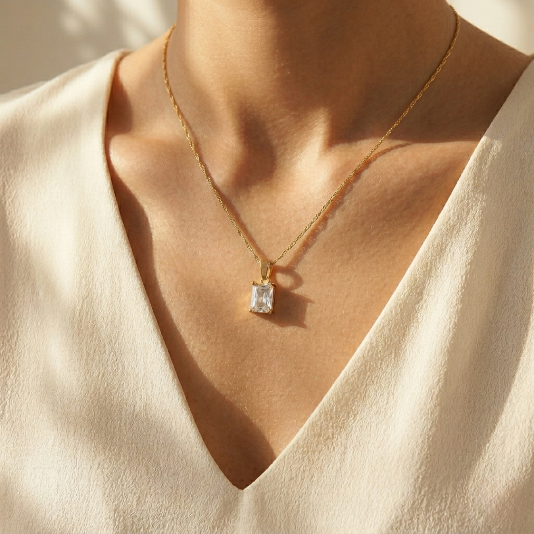 White Square locket With Golden Chain Necklace