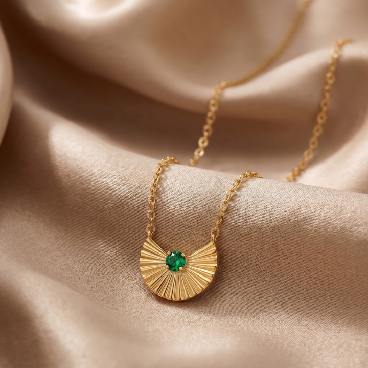Golden Fan Emerald Charm Necklace