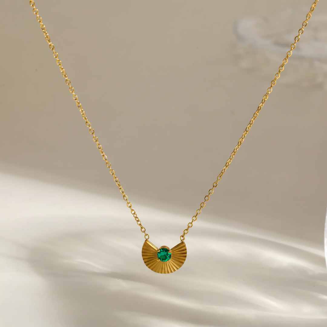 Golden Fan Emerald Charm Necklace